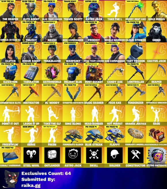 [PC/PSN/XBOX] 201 skins | Travis Scott | OG STW | The Reaper | Elite Agent | Blue Team Leader | Astro Jack | Gold Midas | Omega (stage 5)