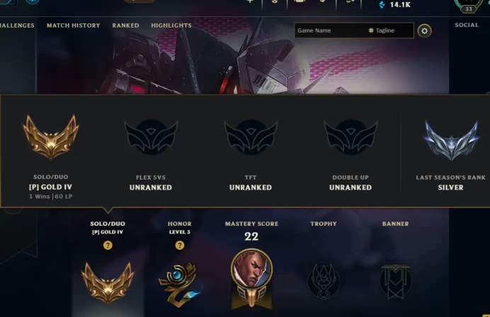 EUW ⸱ S16 ⸱ GOLD IV 2/5 PLACEMENT ⸱ GOLD 1 MMR ⸱ 14100BE ⸱ 9 SKIN ⸱ BATTLE QUEEN KATARINA ⸱ EMPYREAN JAX ⸱ MECHA KINGDOM SKARNER ⸱ 2004