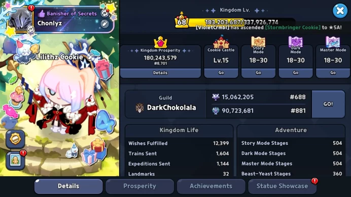 CRK430: Lv68 - 4250kPowers - Castle level 15 - 169/169 Cookie - Elite 2 - Dark Cacao