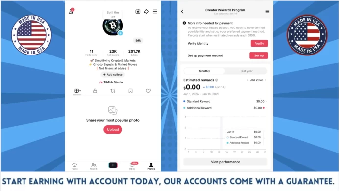 100% Monetized USA Account Creator Rewards Program Active | 23k Real Followers & 201k Likes | Real Screenshots + Full Access + Good Standing