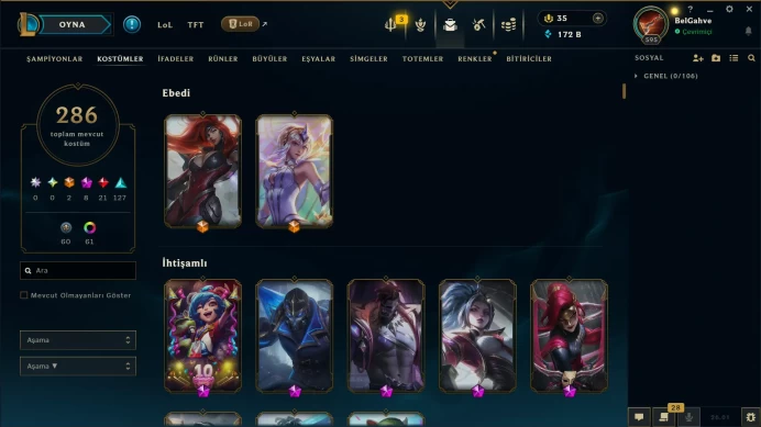 EUW | 286 SKIN | BRONZE I | 595 LVL | 172K+ BE | MAIL CHANGEABLE LEAGUE OF LEGENDS ACCOUNT