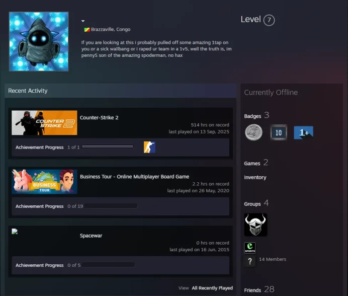 CS2 Prime 514 hours+5Medals(2019 Service Medal/Loyalty Badge/10Y/5Y/Global Offensive Badge)