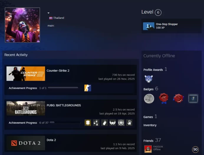 CS2 Prime 736 hours+6Medals(2021-2024-2025 Service Medal/5Y/Premier Season One Medal/Global Offensive Badge)