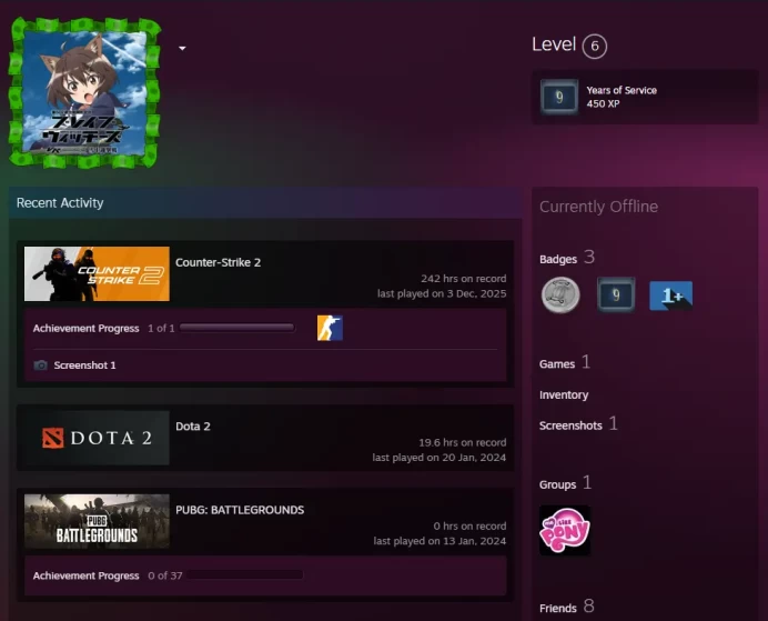 CS2 Prime 242 hours+5Medals(2023 Service Medal/Premier Season One Medal/5Y/Loyalty Badge/Global Offensive Badge)