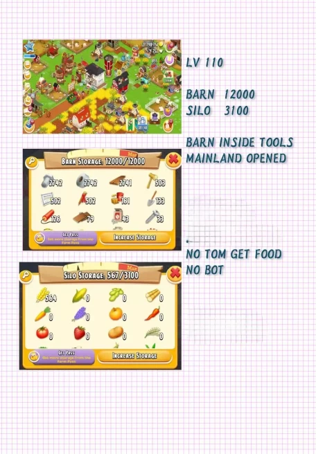 [jHD10] (ios & Android)Level 110+, Barn 12000+ ,SILO 3100+, MAINLAND OPEND, Full Access