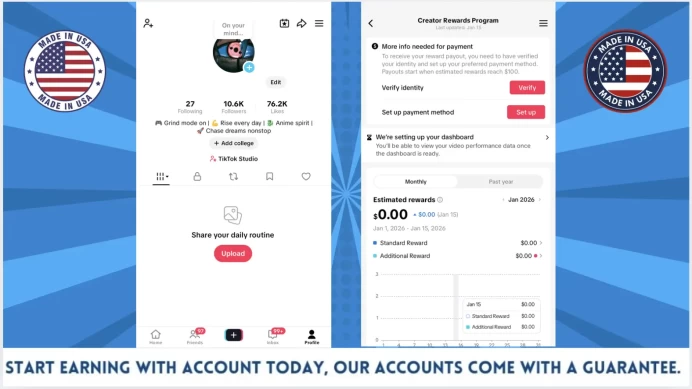 100% Monetized USA Account Creator Rewards Program Active | 10k Real Followers & 76k Likes | Real Screenshots + Full Access + Good Standing