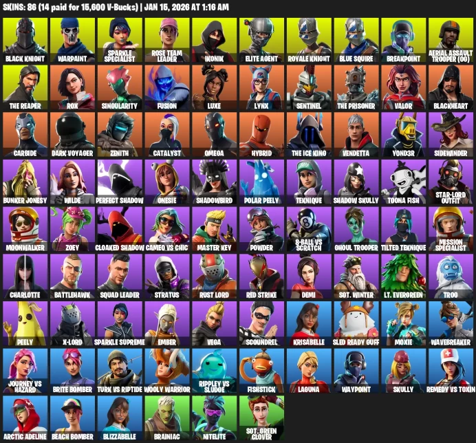 86 Skins + Aerial Assault Trooper (OG) + Black Knight + IKONIK + Sparkle Specialist