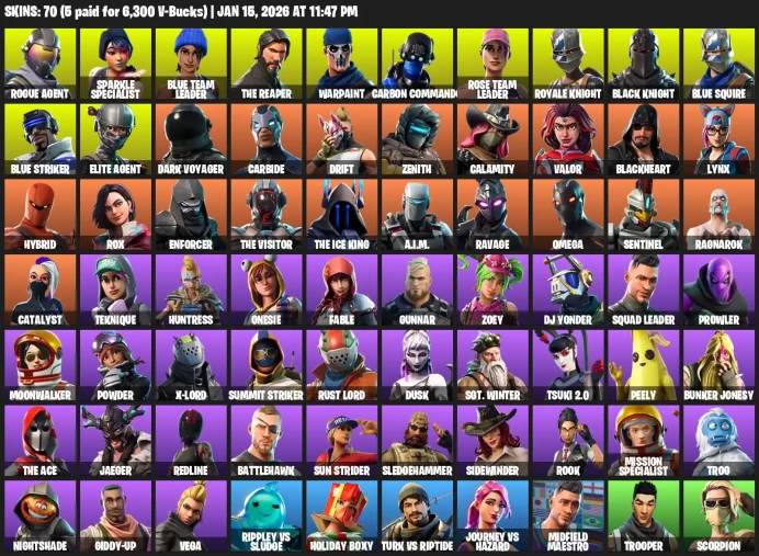 70 Skins | Black Knight | Travis Scott | Sparkle Specialist | 30+ days by mail | Floss | Blue Squire | Royale Knight |