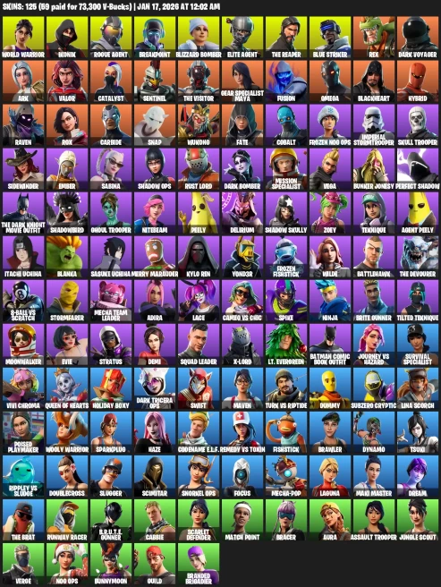 125 Skins | IKONIK | The Reaper | Elite Agent | Rogue Agent | Subzero Cryptic | Lina Scorch | Blue Striker | World Warri