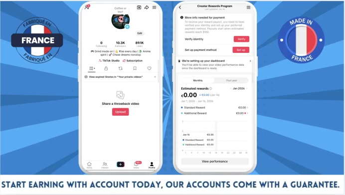 100% Monetized France Account Creator Rewards Program Active | 10k Real Followers & 89k Likes | Real Screenshots + Full Access + Good Standing
