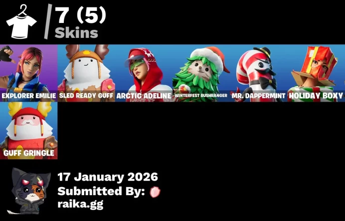 [PC/PSN/XBOX] 7 skins | Explorer Emilie | Sled Ready Guff | Arctic Adeline | Winterfest Bushranger | Mr. Dappermint | Holiday Boxy