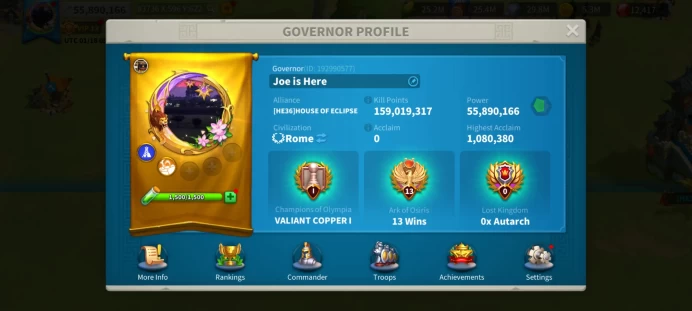 55M Power - T5 Infantry-focus - Expertise Bai Qi & Liu Che Max Skills - 12K Gems - 765 Golden Heads - 5.6B Resources - Legend Avatar Frame #369