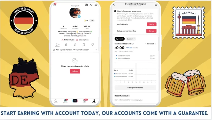 Germany Monetized Creator Rewards Program Account | 16k Real Followers & 358k Likes | Real screenshots + Full Access + Account in Good Standing