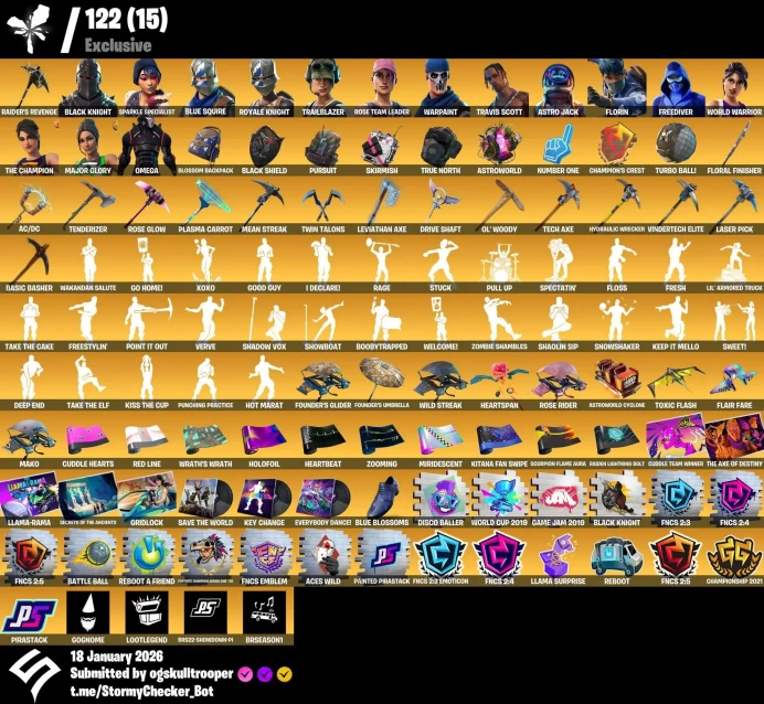 306 Skins | 600 Emotes | OG Raiders Revenge | Travis Scott | Plasma Carrot | Leviathan Axe | 10/14 Rare Emotes