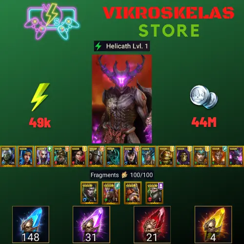 Starter with Helicath + Shards : 148 Ancient, 31 Void, 21 Primal, 4 Sacred | Ninja + 16 Login Legendary | Mine max