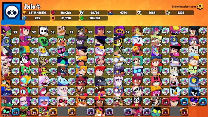 88K Trophies LVL9 | 98/99 Brawlers | 38 Max Brawlers - 33 Hypercharged | 264 Skins | 608 Pins | 309 Icons | Legendary Rank 35 Max Power rare