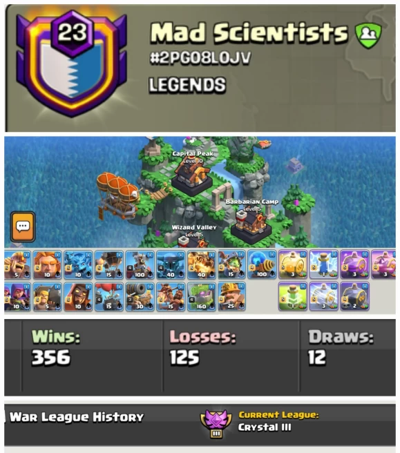 Mad Scientists !! LEVEL 23 !! WIN 356 LOSS 125 !! CAPITAL PEAK 10 (NEAR MAX ARMY) !! CRYSTAL LEAUGE 3 !! PERFECT NAME !! HIGH WINS !! FAST DELIV