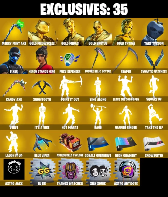 Full Access | 241 skins | Merry Mint Axe | Gold Meowscles | Gold Midas | Gold Brutus | Gold TNTina | Tart Tycoon | Fixer | Heron Stance Hero