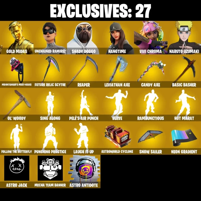 Full Access | 241 skins | Leviathan Axe | Gold Midas | Unchained Ramirez | Shady Doggo | Hangtime | Vivi Chroma | Naruto Uzumaki | Menace