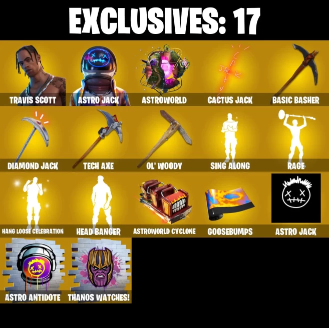 Full Access | 45 skins | Travis Scott | Astro Jack | Shogun | Kymera | Raz | Joey | Predator | Alli | Mecha Cuddle Master | Menace | Spire Assas