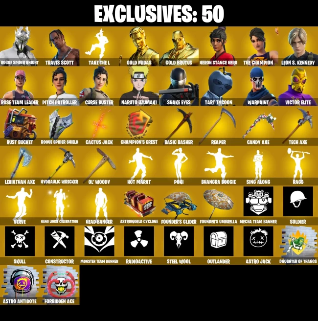 Full Acces | 248 skins | OG STW | Rogue Spider Knight | Travis Scott | Take The L | Leviathan Axe | Gold Midas | Gold Brutus | Heron Stance Her 
