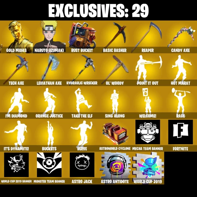 Full Access | 229 skins | Gold Midas | Leviathan Axe | Naruto Uzumaki | Valeria | Inferno | Lynx | A.I.M. | Galaxia | Carbide | Blackheart