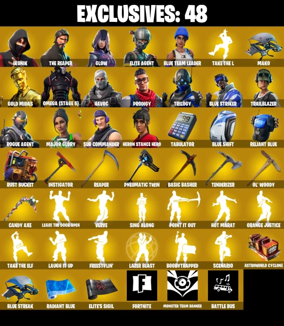 Full Acces | 292 skins | IKONIK | The Reaper | Glow | Renegade Raider | Elite Agent | Blue Team Leader | Gold Midas | Omega (stage 5) | Havoc