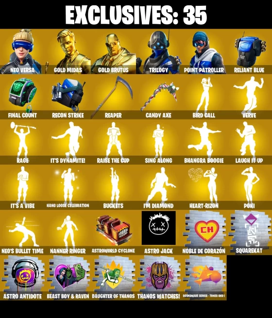 Full Acces | 249 skins | Candy Axe | Neo Versa | Gold Midas | Gold Brutus | Trilogy | Point Patroller | Hades | Torin | Peter Griffin | The Cube