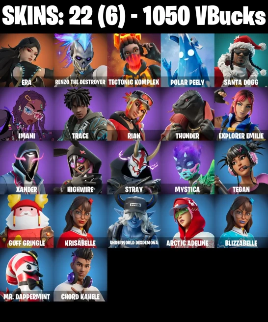 [PC/PSN/XBOX] 22 skins | Era | Renzo the Destroyer | Tectonic Komplex | Polar Peely | Santa Dogg | Imani | Trace | Rian | Thunder | Explorer