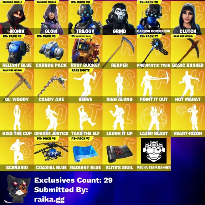 [PC] 214 skins | IKONIK | Glow | Trilogy | Grind | Carbon Commando | Clutch | Leviathan | Sentinel | Drift | Rox | Hybrid | Luxe | Ragnarok