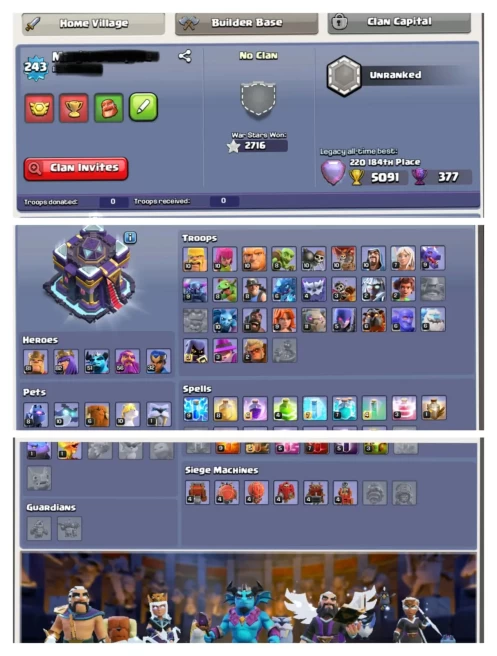 RARE - FULL MAGIC SET TH 15 !! 17 HEROES SKINS !! FULL OF MAGIC ITEMS !! HIGH XP - 243 !! OP BUILDER BASE !! V277 !!