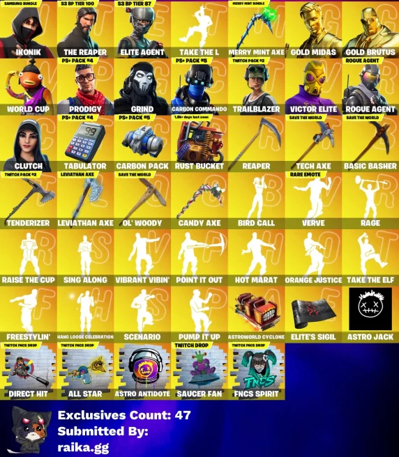 [PC] 287 skins | IKONIK | The Reaper | Elite Agent | Gold Midas | Gold Brutus | WORLD CUP | Prodigy | Grind | Carbon Commando 