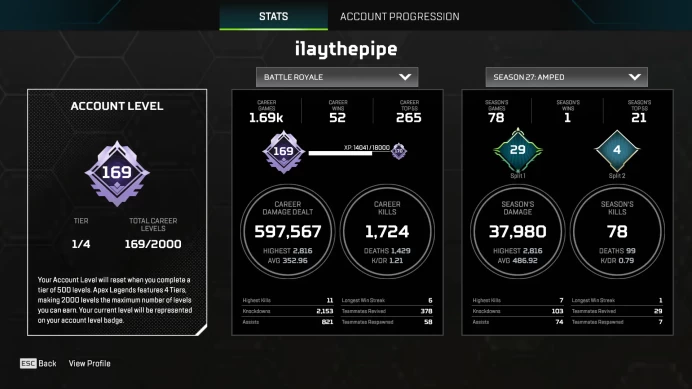 Apex Ea Account | Wraith Heirloom / Hope's Dawn | Octane Heirloom / Butterfly Knife | 61 Legendries | Level 169 | Full Access