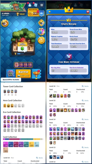 8 YR OLD CR, 10606 TROPHY,  6- Level 16, 12 Level 15, 32 - Level 14 , 3 HERO, 24 EVO, 109 RARE EMOTE, 14 TOWER , 131 BADGES, 116 FRAME, 95 DECOR