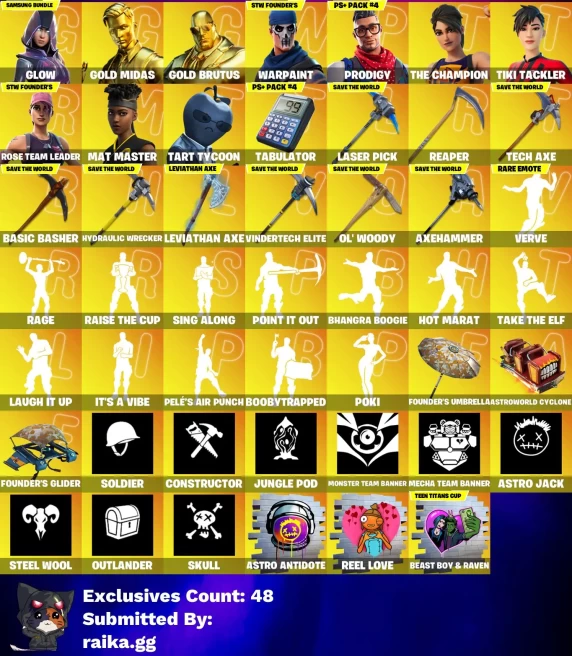 [PC/PSN/XBOX] 215 skins | OG STW | Glow | Leviathan Axe | Gold Brutus | Prodigy | The Champion | Tiki Tackler | Mat Master | Tart Tycoon