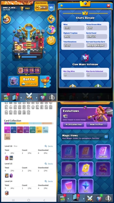 CR 9921 TROPHY, 2- Level 16, 2- Level 15, 4 EVO, 1 HERO, 55 EMOTES, 55 DECORATION, 84 BADGES, 7 TOWER, KT 15, ARENA 24 AND LEVEL 56 | H161