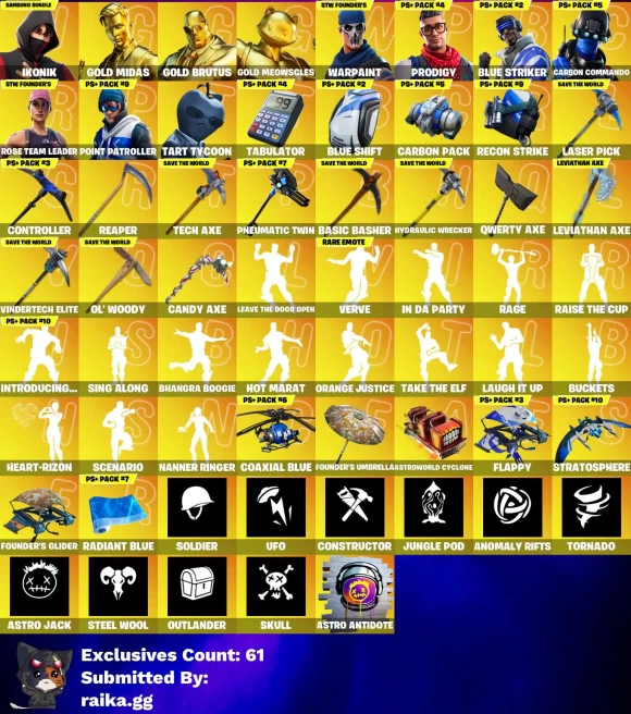 [PC/XBOX] 250 skins | OG STW | IKONIK | Gold Midas | Gold Brutus | Gold Meowscles | Prodigy | Blue Striker | Carbon Commando | Point Patroller