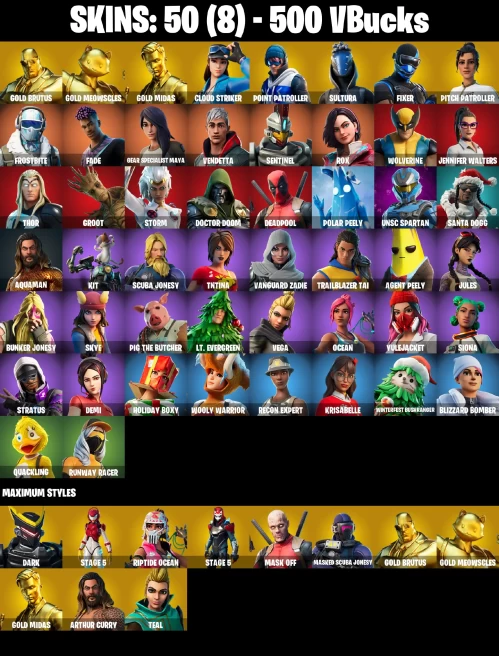 (PC/PSN/XBOX) 500 VB) 50 SKINS / Gold Brutus | Gold Meowscles | Gold Midas | Cloud Striker | Point Patroller | Sultura | Fixer /