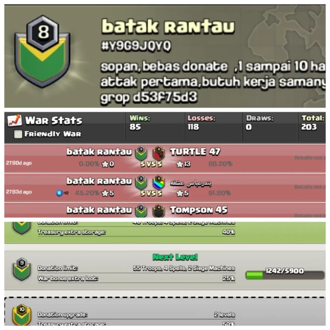 C69◈NAME: batak RANTAU◈War Log: Wins:85 / Loss:118◈CHEAP RATE IN MARKET◈EXTRA ORDINARY STORE