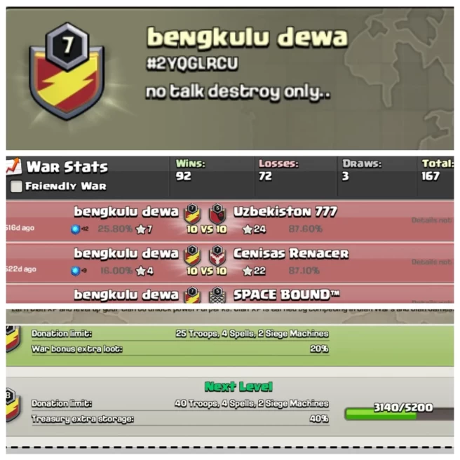 C70◆Clan Name: bengkulu dewa◆positive war log-Win-92 /Loss-72◆INSTANT DELIVERY◈EXTRA ORDINARY STORE