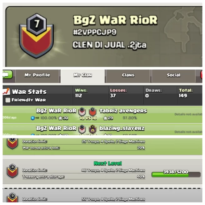 C71◆NAME:BgZ WaR RioR◆positive War Log : wins-112,Loss:37◆CHEAP RATE IN MARKET◈EXTRA ORDINARY STORE