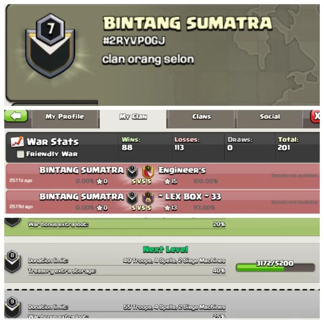 C72▰CLAN NAME: BINTANG SUMATRA▰WAR LOG:WINS 88 / LOSS:113▰EASY DELIVERY◈EXTRA ORDINARY STORE