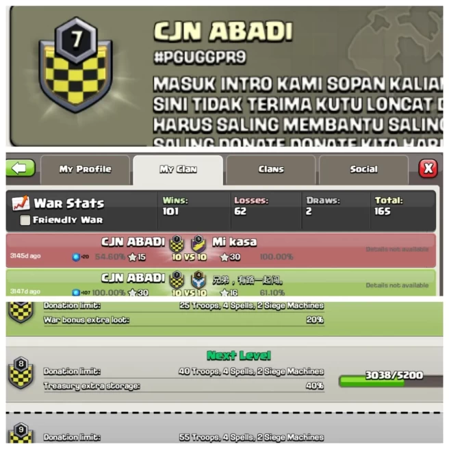 C73◈CLAN NAME:CJN ABADI◈POSITIVE WAR LOG:WINS 101 / LOSS:62◈EASY DELIVERY◈EXTRA ORDINARY STORE