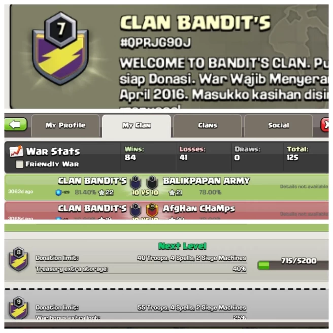 C74◈CLAN NAME:CLAN BANDIT'S◈POSTIVE WAR LOG: WIN-84 | LOSS-41◈INSTANT DELIVERY◈EXTRA ORDINARY STORE