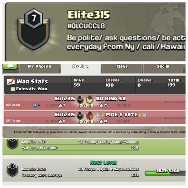 C78◆NAME: ELITE315◆WAR LOG: WINS-99,lOSSES-100◆CHEAP RATE IN MARKET◈EXTRA ORDINARY STORE