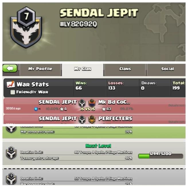 C85▰CLAN NAME:SENDAL JEPIT▰CLAN LEVEL:7▰WAR LOG: WINS-66 | LOSS-133▰FLASH SALE◈EXTRA ORDINARY STORE