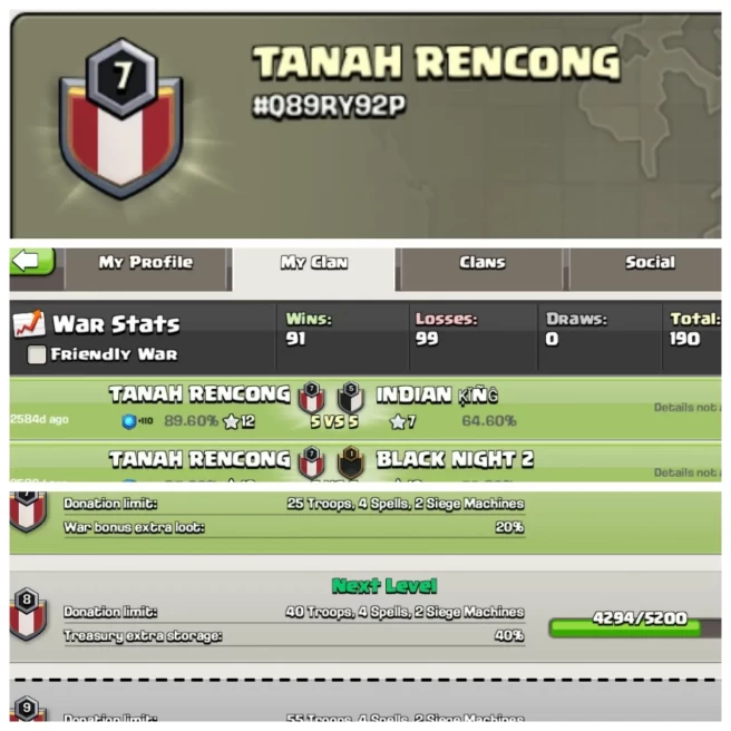 C87◆CLAN NAME:TANAH RENCONG◆CLAN LEVEL: 7◆WAR LOG: WINS-91 | LOSSES- 99◆KYC SELLER◈EXTRA ORDINARY STORE