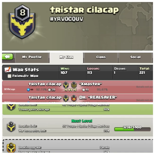 C89◈CLAN NAME:tRistaR cilacap◈CLAN LEVEL:8◈WAR LOG: WINS-107,LOSS-113◈EASY DELIVERY◈EXTRA ORDINARY STORE