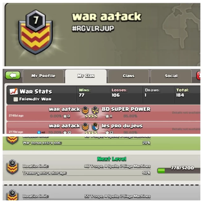 C91▰CLAN NAME:WAR aatack▰CLAN LEVEL:7▰WAR LOG: WINS-77 | LOSS-106▰CHEAP RATE IN MARKET◈EXTRA ORDINARY STORE