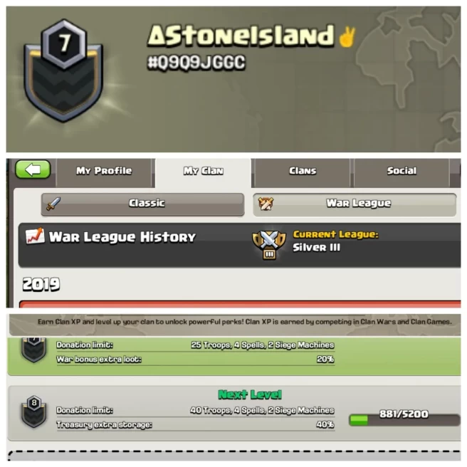 C93▰CLAN NAME:AStoNeIsLaNd▰CLAN LEVEL:7▰CWL:Silver 3▰CHEAP RATE IN MARKET◈EXTRA ORDINARY STORE